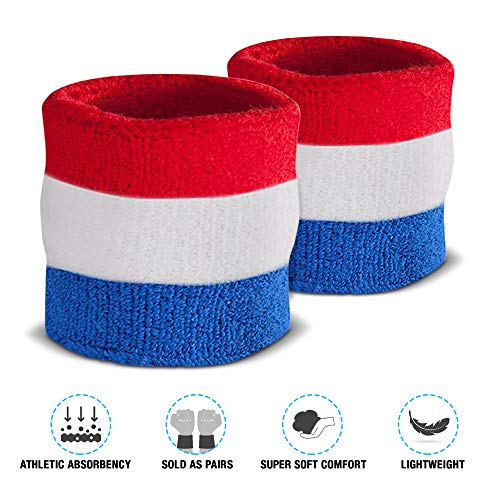 Suddora Striped Sweatband Set, Moisture Wicking 2 Wristbands and 1 Headband, Breathable Athletic Sweat Bands for Sports, Costumes & Cosplay, Matching Bands to Wear with Jersey, Red White Blue - Image 5