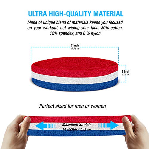 Suddora Striped Sweatband Set, Moisture Wicking 2 Wristbands and 1 Headband, Breathable Athletic Sweat Bands for Sports, Costumes & Cosplay, Matching Bands to Wear with Jersey, Red White Blue - Image 3