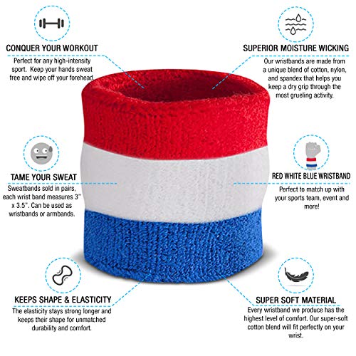 Suddora Striped Sweatband Set, Moisture Wicking 2 Wristbands and 1 Headband, Breathable Athletic Sweat Bands for Sports, Costumes & Cosplay, Matching Bands to Wear with Jersey, Red White Blue - Image 4