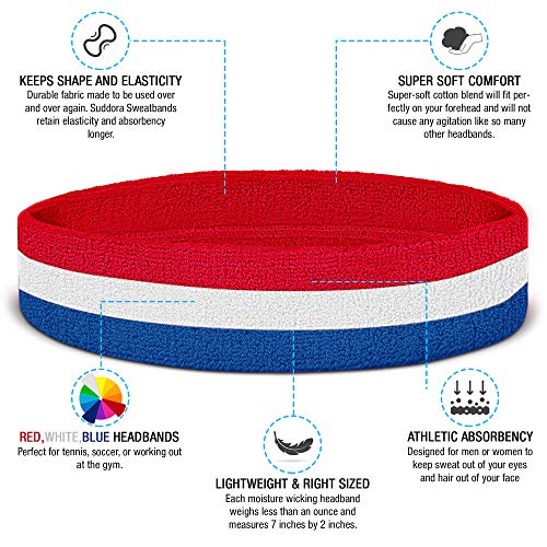 Suddora Striped Sweatband Set, Moisture Wicking 2 Wristbands and 1 Headband, Breathable Athletic Sweat Bands for Sports, Costumes & Cosplay, Matching Bands to Wear with Jersey, Red White Blue - Image 2