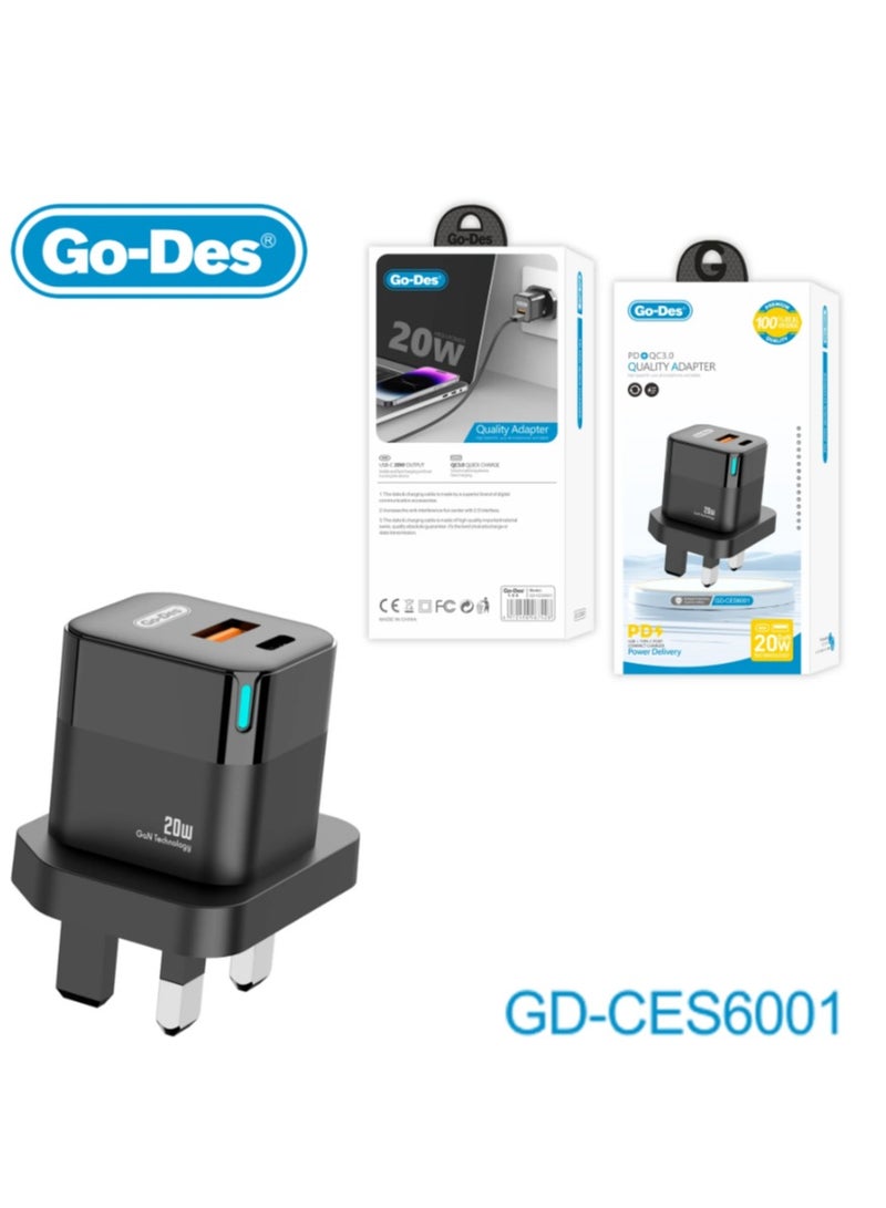جو-ديز شاحن سريع 20 واط من Go-Des بمنافذ ثنائية 3 دبابيس مع عرض LED وموصلات USB A وType C مدمجة - Image 2
