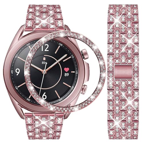 DEALELE Bands Compatible with Samsung Galaxy Watch 3 (41mm), 20mm Luxury Diamond Stainless Steel Metal Bracelet with Rhinestone Bezel Ring Case Cover Replacement for Women Men (Bronze) - Image 1
