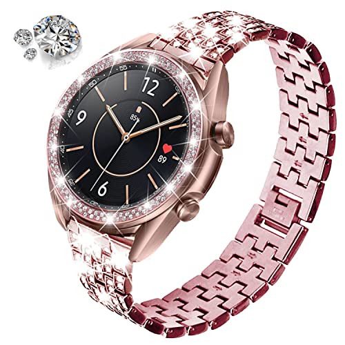 DEALELE Bands Compatible with Samsung Galaxy Watch 3 (41mm), 20mm Luxury Diamond Stainless Steel Metal Bracelet with Rhinestone Bezel Ring Case Cover Replacement for Women Men (Bronze) - Image 2