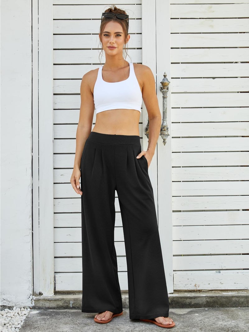 FireSwan Women's Wide Leg Palazzo Pants High Elastic Waist Casual Work Pants Flowy Dress Trousers with Pockets Black - Image 3