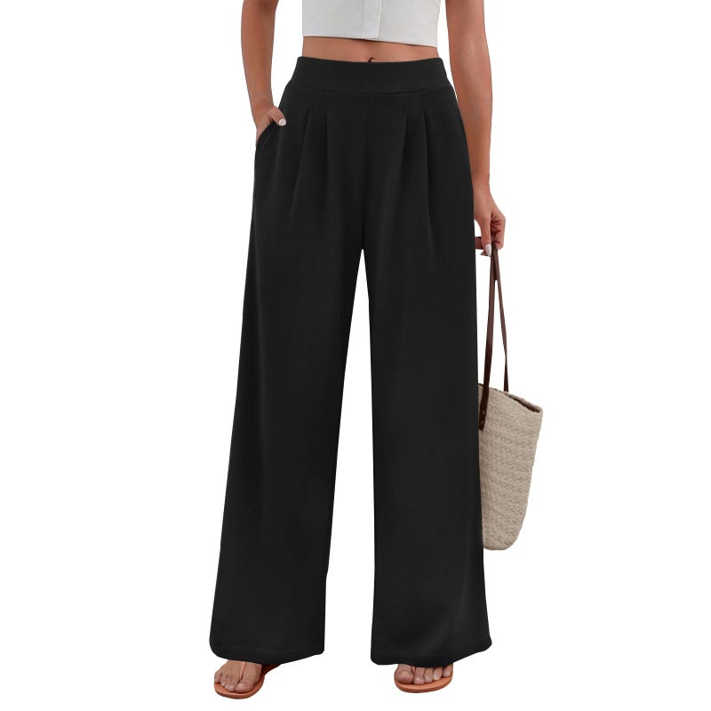 FireSwan Women's Wide Leg Palazzo Pants High Elastic Waist Casual Work Pants Flowy Dress Trousers with Pockets Black - Image 1