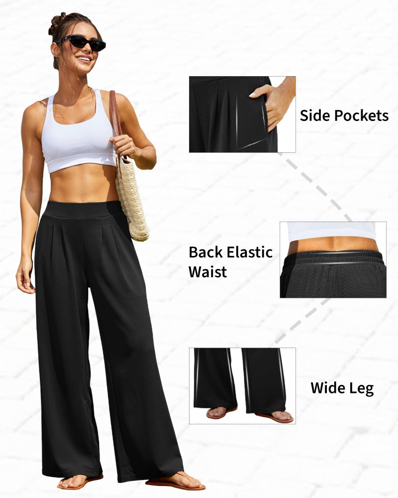 FireSwan Women's Wide Leg Palazzo Pants High Elastic Waist Casual Work Pants Flowy Dress Trousers with Pockets Black - Image 5