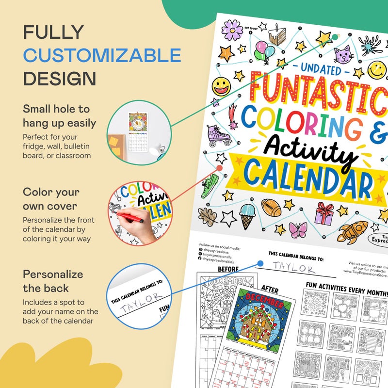 Tiny Expressions 2026 Kids Calendar Undated - Funtastic Coloring and Activity Calendar for Kids - 12 x 12 Inches, Customizable for 2026 or 2027 - Educational and Interactive Use at Home and School - Image 3