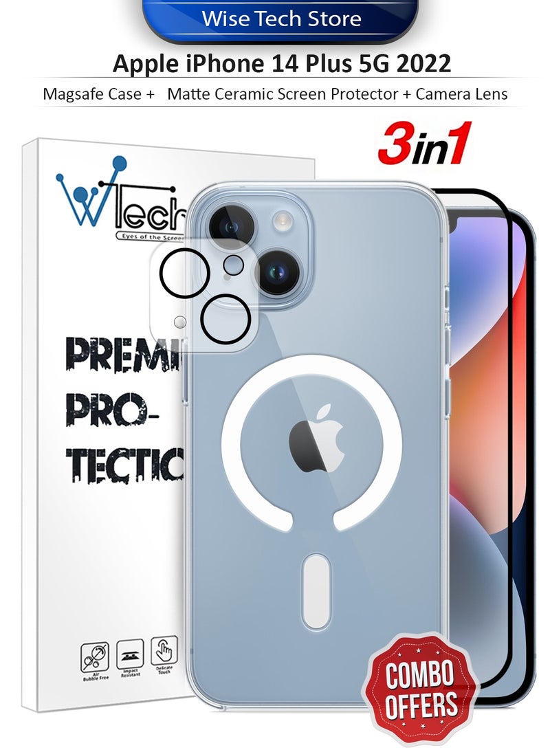 دبليو تيك حزمة حماية 3 في 1 لهاتف آبل آيفون 14 بلس 5G 2022، غطاء شفاف ومقاوم للصدمات مع ماسج سيف، واقي شاشة سيراميك مطفي، وواقي عدسة الكاميرا، حماية 360، تركيب سهل - شفاف/أسود - Image 1