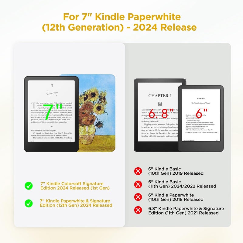 SESENSE Detachable Magnetic Case for 7'' Kindle Paperwhite 12th Gen 2024 and Kindle Colorsoft Signature Edition, Slim PU Shell Cover Case with Auto Wake/Sleep, Sunflower - Image 2