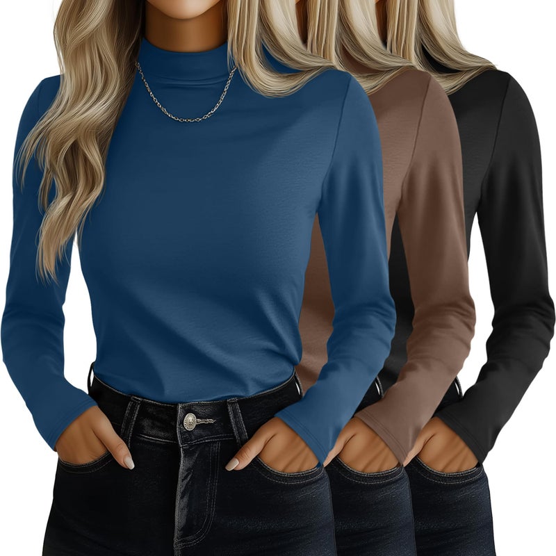 Ficerd 3 Pack Women's Mock Turtleneck Shirts, Long Sleeve Mock Neck Pullover Tops Slim Fitted Stretch Undershirt Tee Blouse(Black, Mocha, Indigo,X-Large) - Image 1
