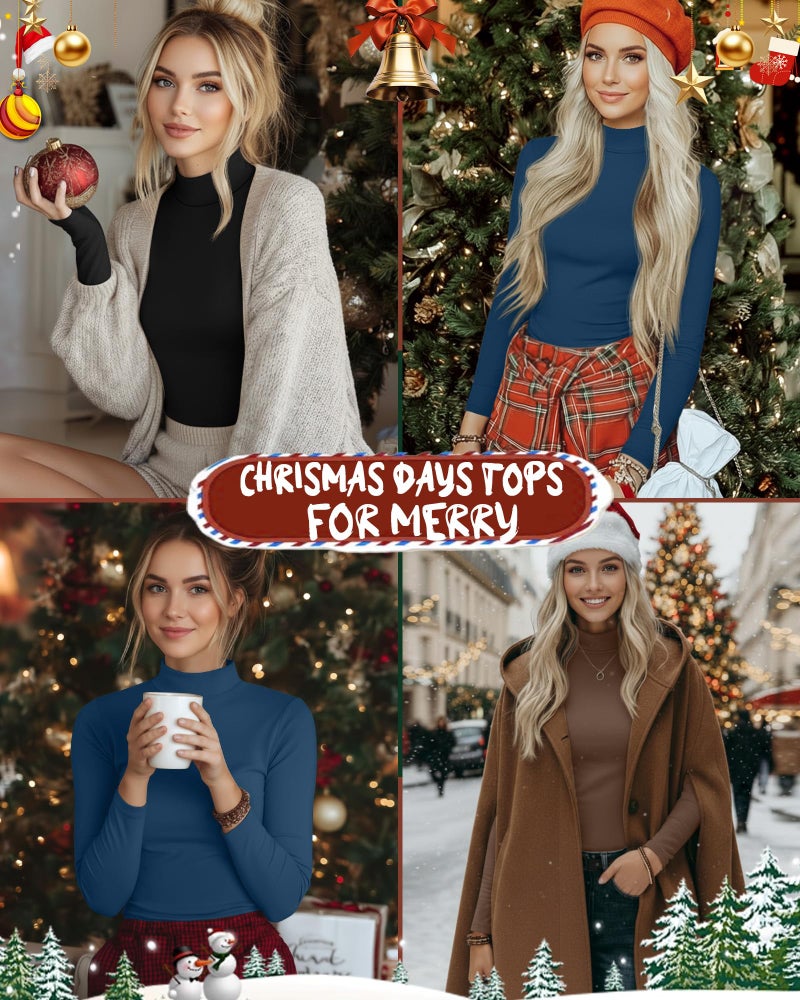 Ficerd 3 Pack Women's Mock Turtleneck Shirts, Long Sleeve Mock Neck Pullover Tops Slim Fitted Stretch Undershirt Tee Blouse(Black, Mocha, Indigo,X-Large) - Image 5
