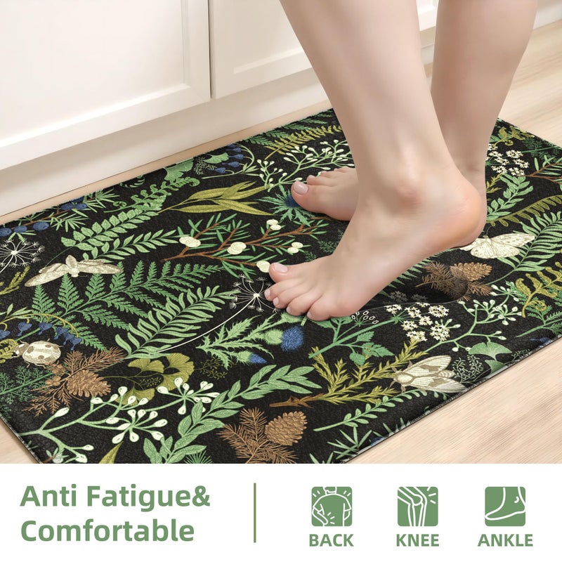 keensoft Black Green Botanical Kitchen Rugs Set of 2 Plant Leaf Anti-Fatigue Kitchen Mat Natural Comfort Standing Waterproof PVC Mats 2/5" Thick Leather Carpet for Laundry Office Sink(17.3" x28" + 17.3" x 47") - Image 5