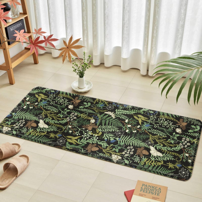 keensoft Black Green Botanical Kitchen Rugs Set of 2 Plant Leaf Anti-Fatigue Kitchen Mat Natural Comfort Standing Waterproof PVC Mats 2/5" Thick Leather Carpet for Laundry Office Sink(17.3" x28" + 17.3" x 47") - Image 3