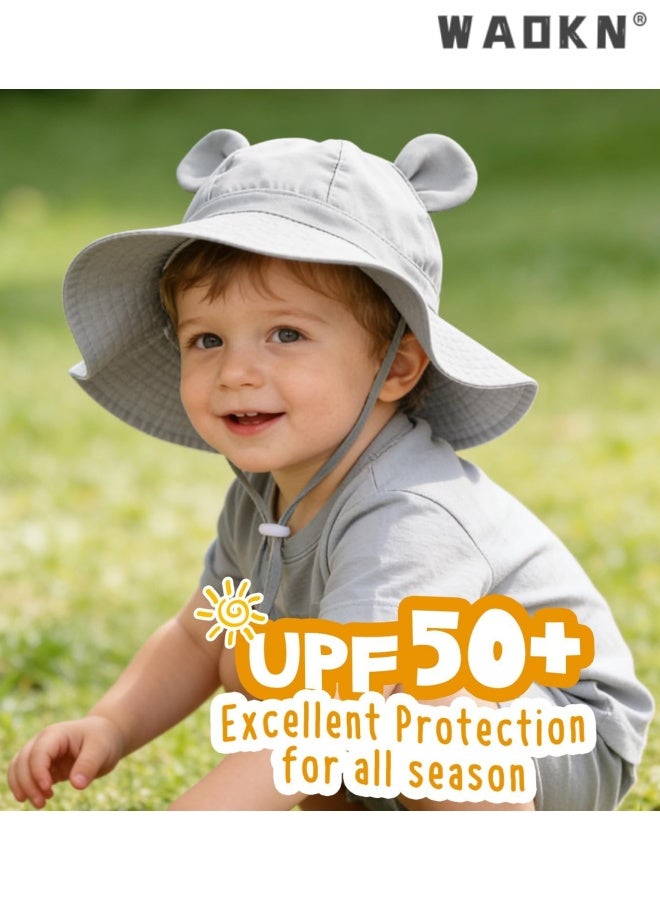 WAOKN Baby Sun Hat Toddler Summer Foldable Beach Hats Boy Girl Sun Protection Wide Brim Bucket Hat,Baby pure cotton basin cap,Soft and comfortable,Suitable for babies aged 18-24 months, portable and easy to carry,grey. - Image 2