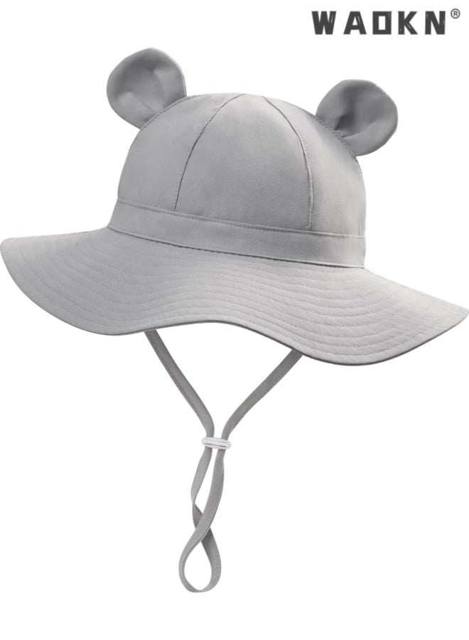 WAOKN Baby Sun Hat Toddler Summer Foldable Beach Hats Boy Girl Sun Protection Wide Brim Bucket Hat,Baby pure cotton basin cap,Soft and comfortable,Suitable for babies aged 18-24 months, portable and easy to carry,grey. - Image 1