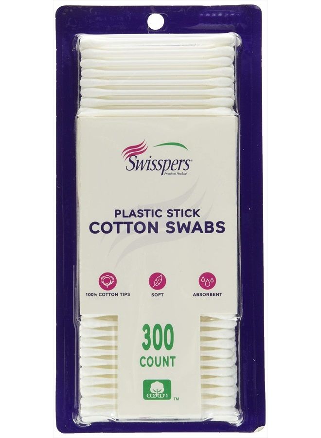 Swisspers Cotton Swabs, 100% Cotton Double-Tipped, White Plastic Sticks, 300 Count Package - Image 1
