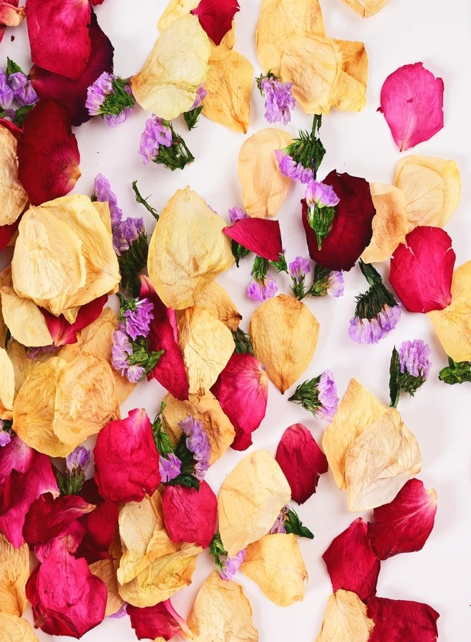 Koceko 20+ Cups Real Dried Rose Petals Biodegradable Wedding Flower Confetti, 2 QT Mixed Yellow Red Roses Petals &Purple Statice for Flower Girl Wedding Bridal Proposal Bath - Image 1