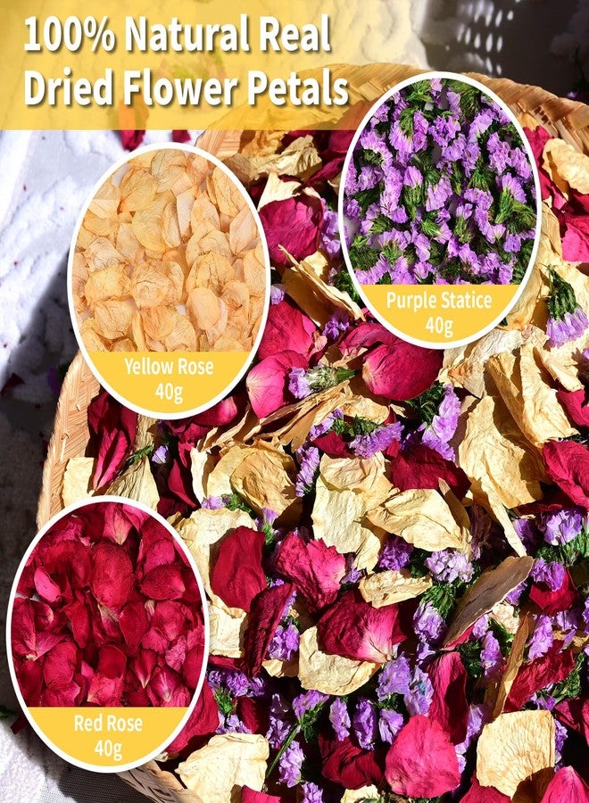 Koceko 20+ Cups Real Dried Rose Petals Biodegradable Wedding Flower Confetti, 2 QT Mixed Yellow Red Roses Petals &Purple Statice for Flower Girl Wedding Bridal Proposal Bath - Image 2