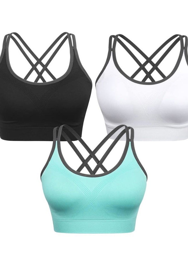 VEQKING Strappy Women's Sports Bra Cross Back Tops for Running Fitness Removable Padded Workout Yoga Bras, 3pack(black+white+blue), M - Image 1