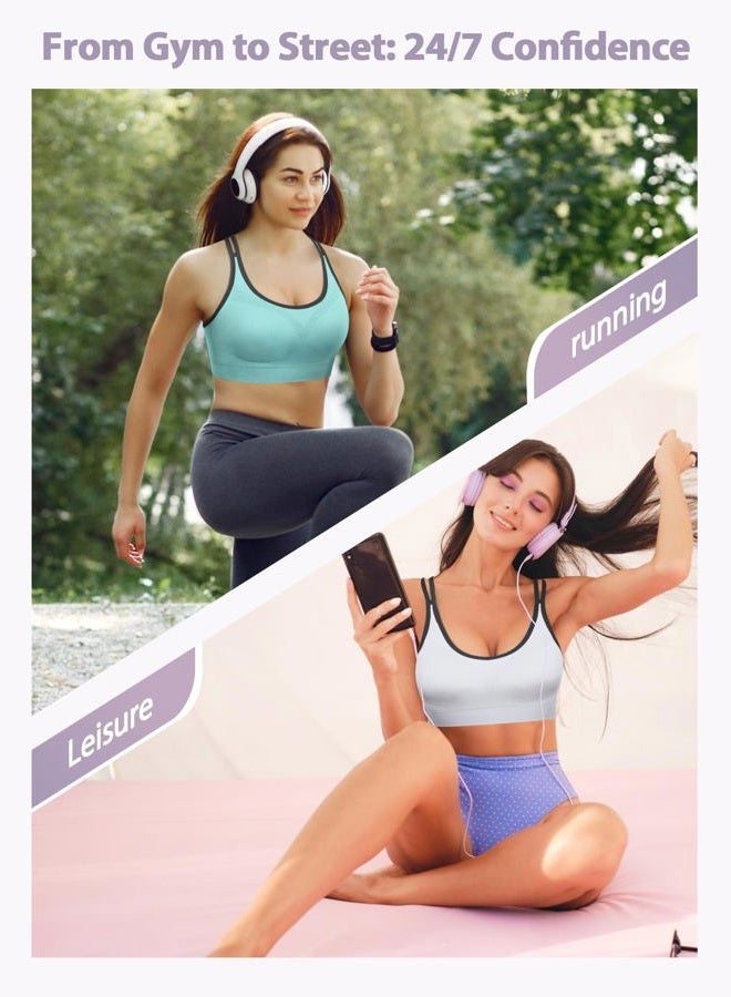 VEQKING Strappy Women's Sports Bra Cross Back Tops for Running Fitness Removable Padded Workout Yoga Bras, 3pack(black+white+blue), M - Image 4
