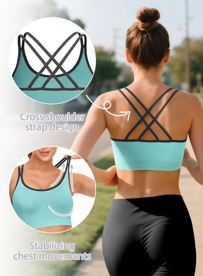VEQKING Strappy Women's Sports Bra Cross Back Tops for Running Fitness Removable Padded Workout Yoga Bras, 3pack(black+white+blue), M - Image 2