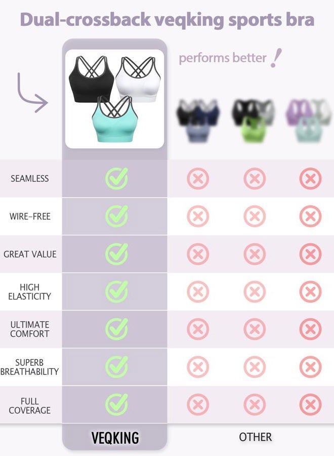 VEQKING Strappy Women's Sports Bra Cross Back Tops for Running Fitness Removable Padded Workout Yoga Bras, 3pack(black+white+blue), M - Image 5