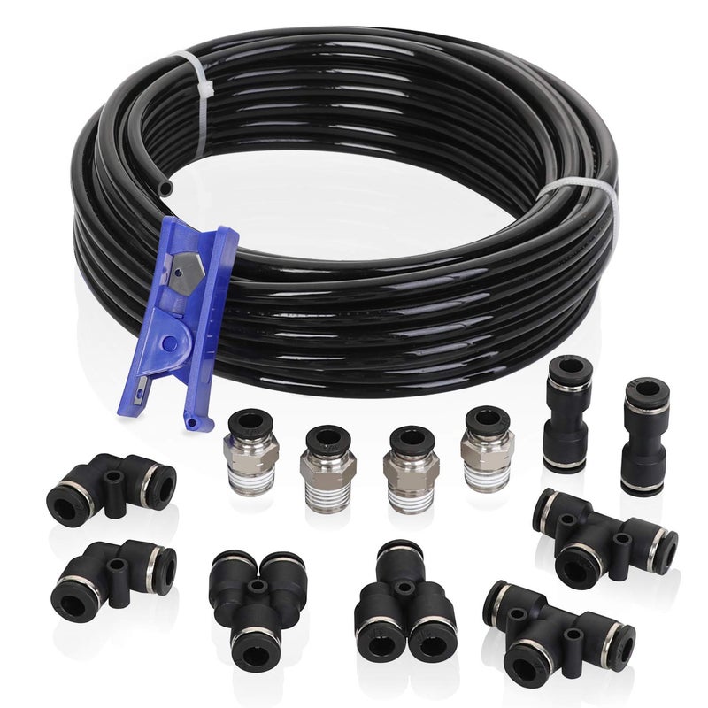 Hromee Air Line Tubing Kit, 1/4 Inch (6.35MM) OD x 32.8 Feet Polyurethane PU Tube and Push to Connect Fittings, 14 PCS Compressed Pipe and Accessories Kit - Image 1
