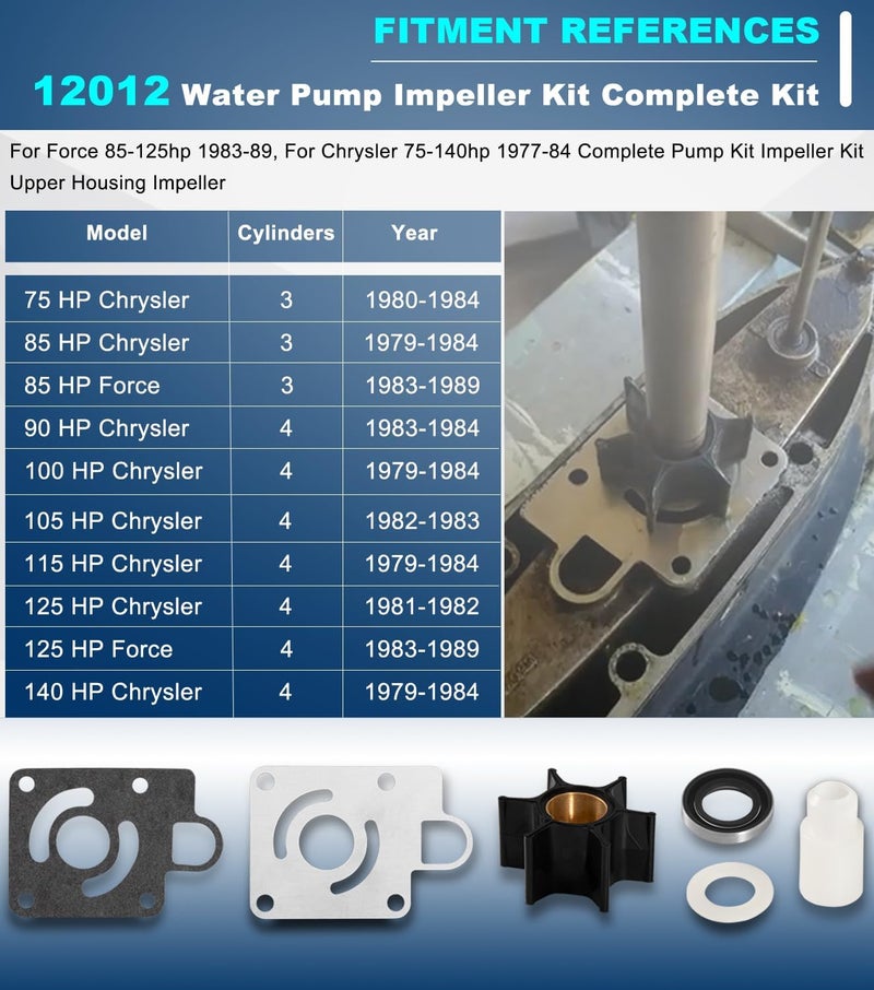 Camoo 12012 Water Pump Impeller Kit For Chrysler Force 75 85 90 100 105 115 125 140 HP 1979-1989, Replaces OE# FK1069, 12012 - Image 2