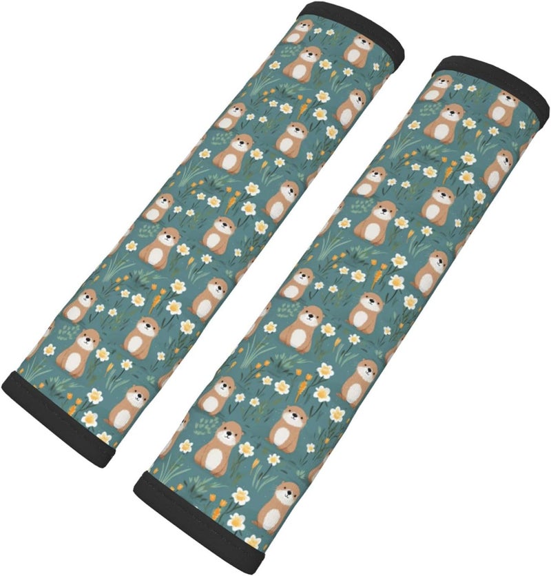 Flowers Otters Seat Belt Cover Pad 2 PCS Universal Car Accessories Novelty Car Decor for All Cars and Backpack - Image 1