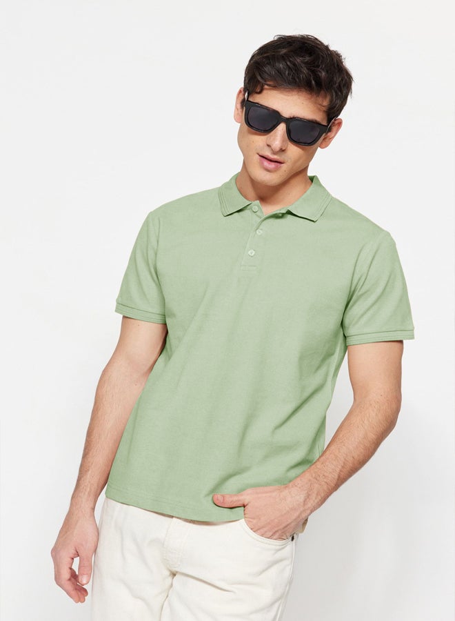 trendyol Mint Slim/Slim Cut Collar Striped Basic 100% Cotton Polo Collar T-shirt - Image 2
