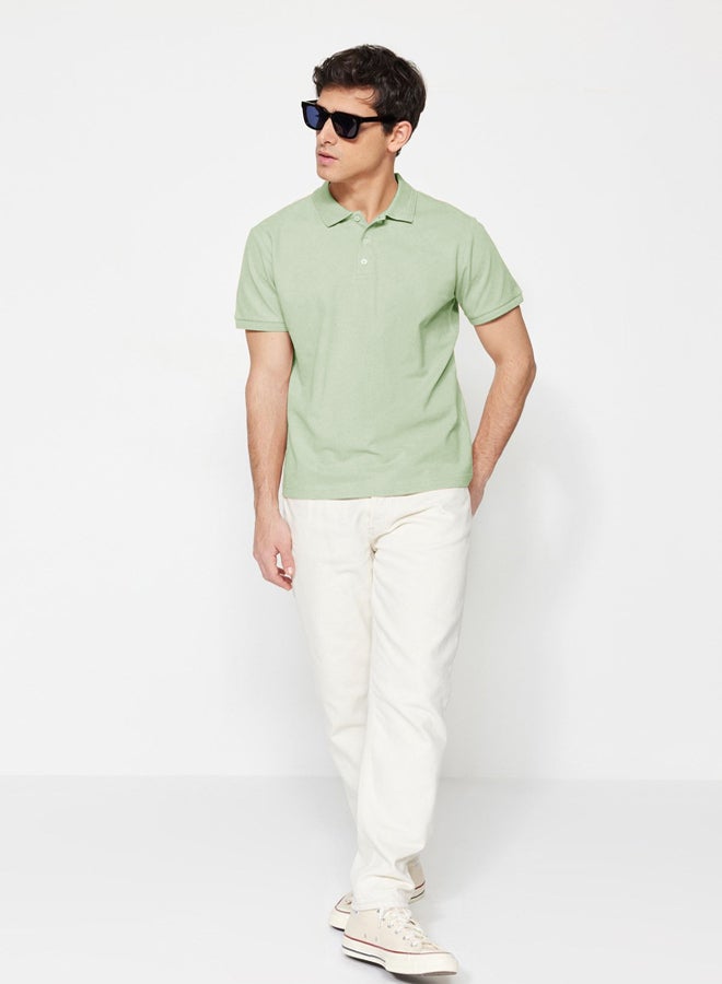trendyol Mint Slim/Slim Cut Collar Striped Basic 100% Cotton Polo Collar T-shirt - Image 5