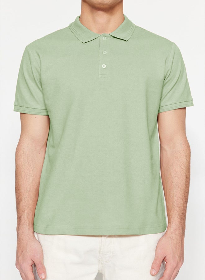 trendyol Mint Slim/Slim Cut Collar Striped Basic 100% Cotton Polo Collar T-shirt - Image 3