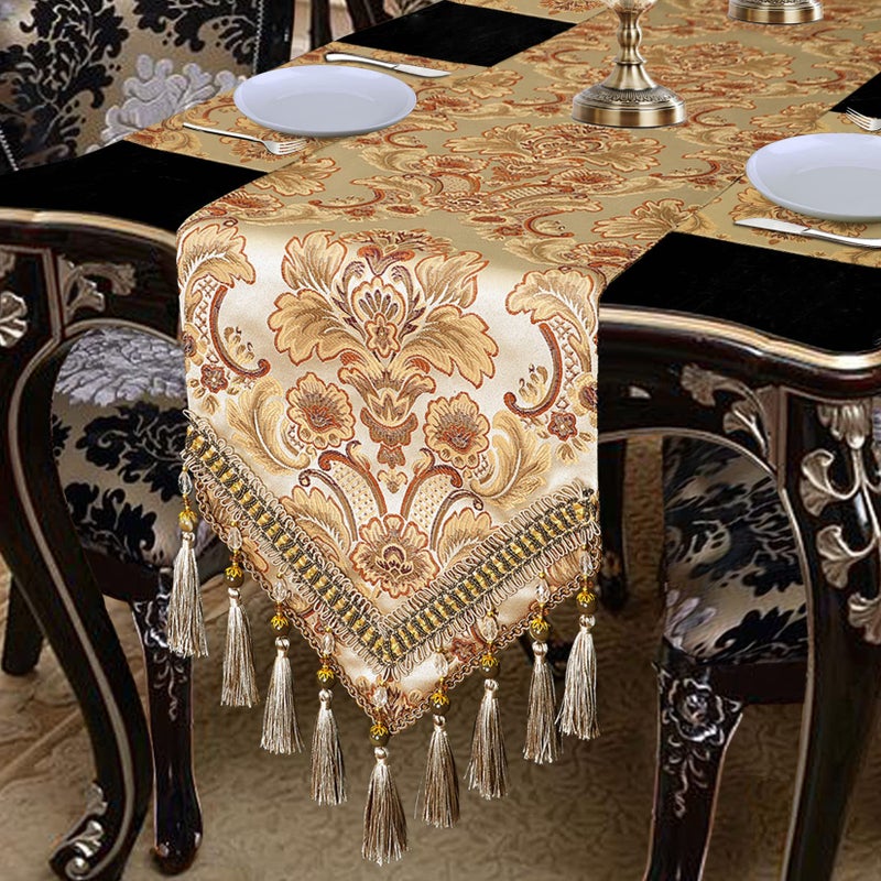 Grelucgo Luxury Thick Lined Damask Table Runners with MultiTassels 12x72 inch