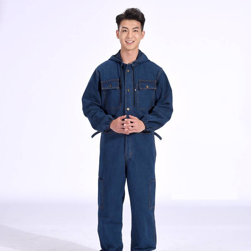 Welding protection conjoined Denim hooded reflective overalls thickened dustproof and wear-resistant welders tooling labor protection flame retardant clothing Thick one-piece cowboy 