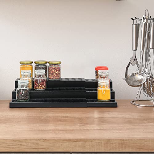 Livzing 3 Tier Expandable Spice Rack - Metal Countertop Display Shelf - Kitchen Cabinet Organizer Stand - 3 Steps Stand for Kitchen - Set of 2 - Black - Expands 12.2 to 21.6 - Image 1