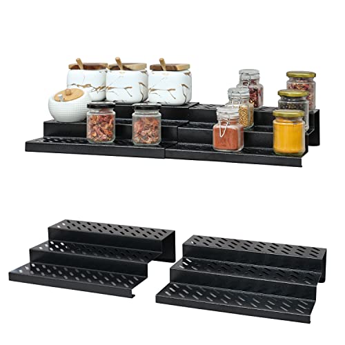 Livzing 3 Tier Expandable Spice Rack - Metal Countertop Display Shelf - Kitchen Cabinet Organizer Stand - 3 Steps Stand for Kitchen - Set of 2 - Black - Expands 12.2 to 21.6 - Image 3