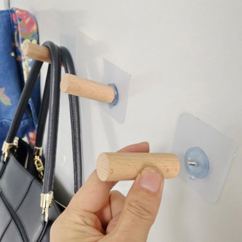 12pcs Adhesive Sticky Wall Hooks for Hanging Heavy Duty Clothes Beech Wood 2x6cm No Punching Traceless Hooks for Kitchen Bathroom Home Organization - Image 5