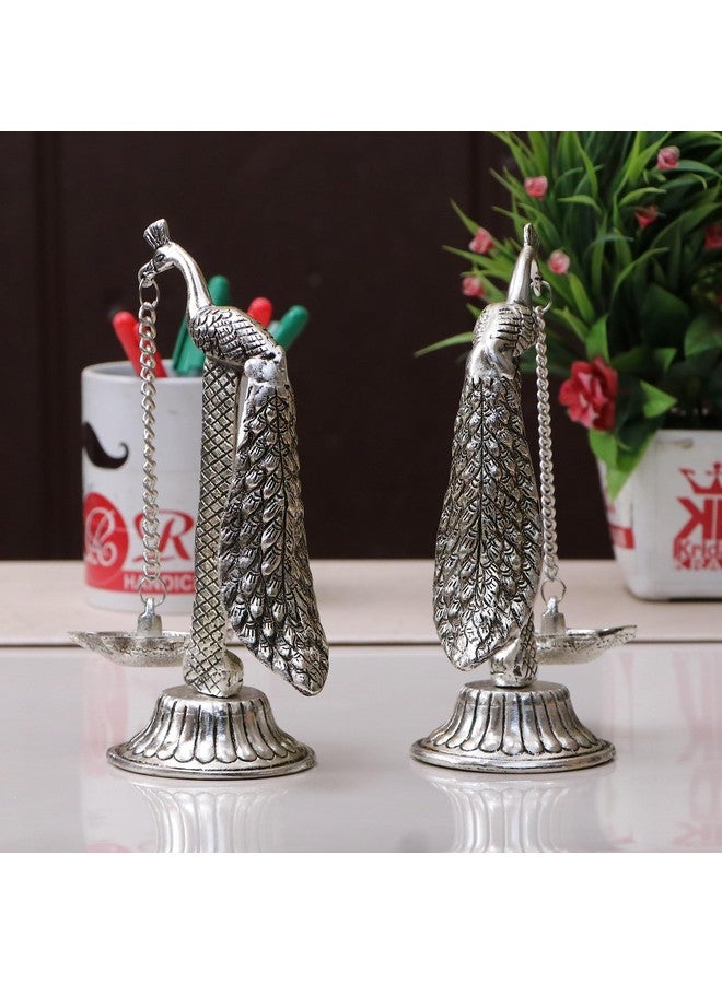 KridayKraft Peacock Design Metal Hanging with Chain Diya Pair of Peacock Design Bird Diya Deepak Oil Lamp Metal Silver Finish Hanging Diya Pair Puja Gift Item Antique, Standard,Pack of 2 - Image 3