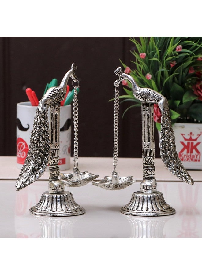 KridayKraft Peacock Design Metal Hanging with Chain Diya Pair of Peacock Design Bird Diya Deepak Oil Lamp Metal Silver Finish Hanging Diya Pair Puja Gift Item Antique, Standard,Pack of 2 - Image 2