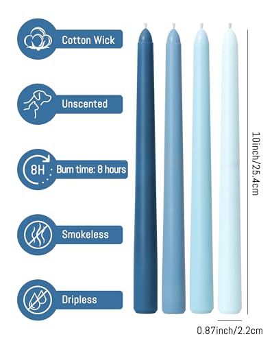 Viyffo 10 Inch Taper Candles-12 Pack Blue, Unscented, Dripless, Smokeless– 8 Hour Burn – Long Tall Tapered Candlesticks for Wedding, Dinner, Holiday, Party, Home Decor Natural Color Series - Image 3