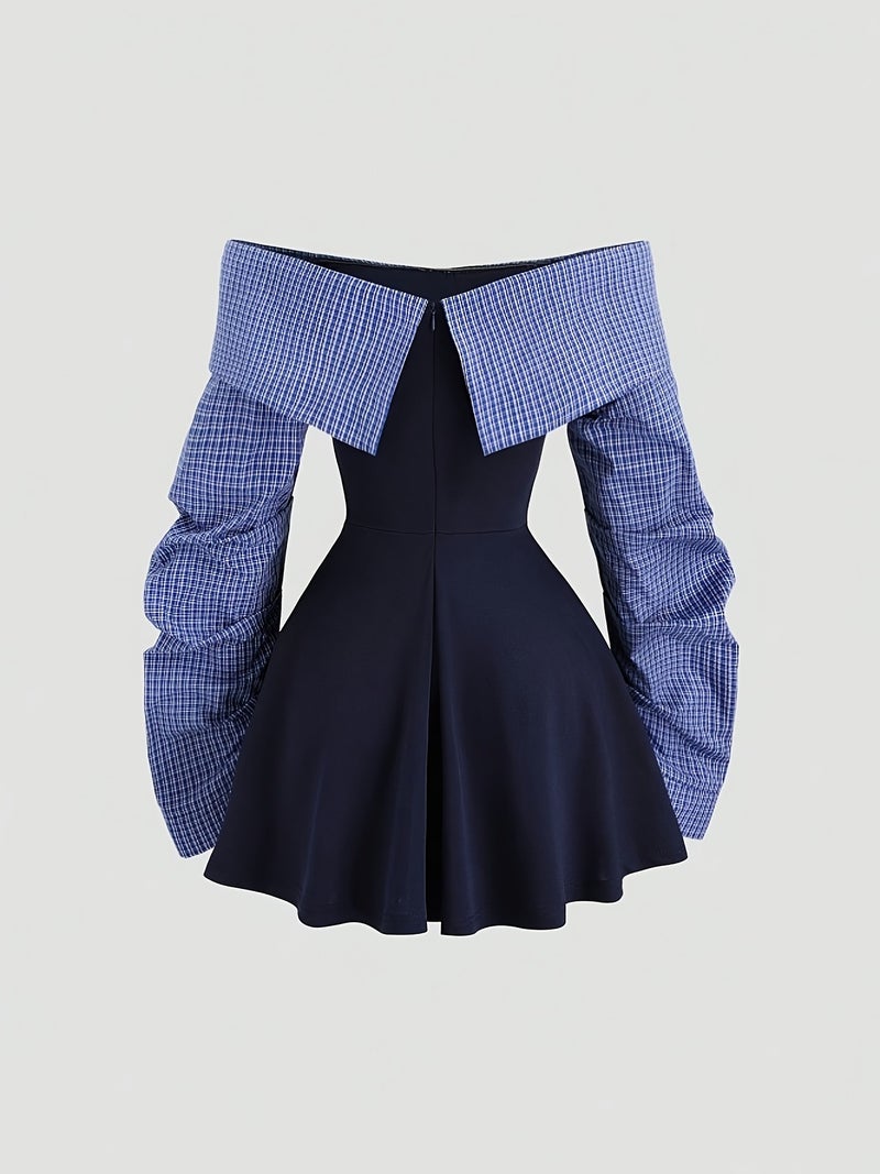 Women'S Spring And Autumn New Easy Color-Blocking One-Shoulder Lapel Design Waist-Cinching Daily Casual Fashion Commuting Large Skirt Covering Meat Long-Sleeved Dress - Image 3