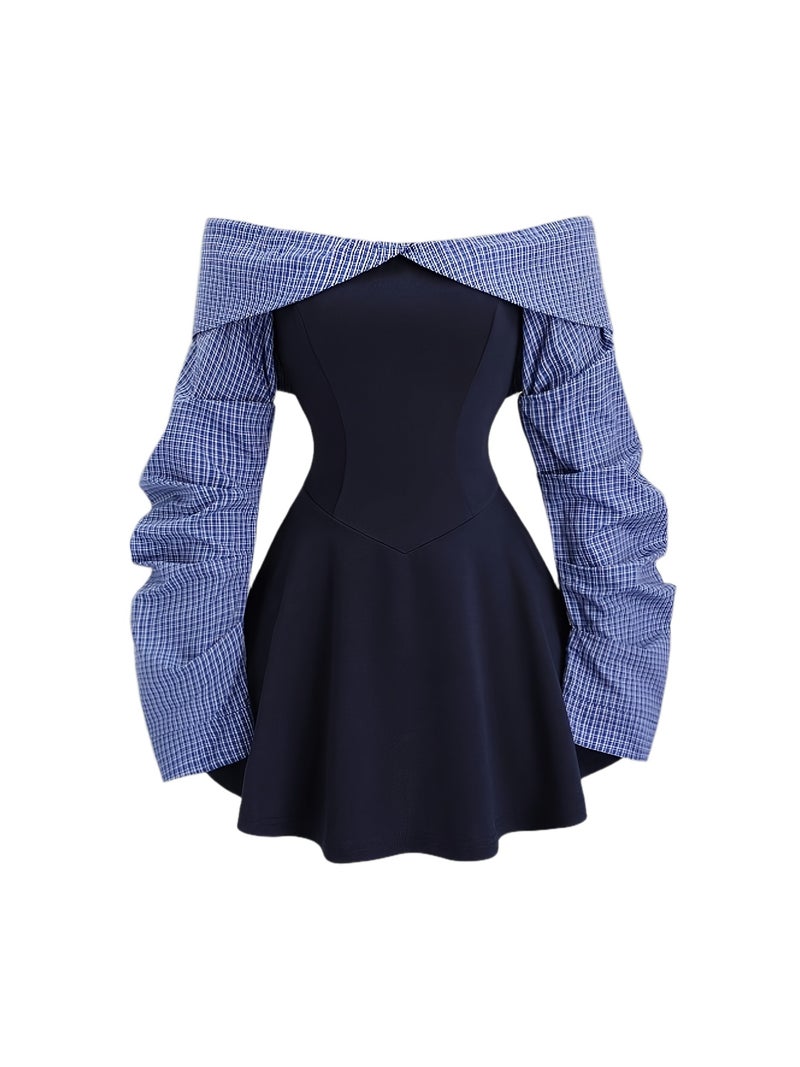 Women'S Spring And Autumn New Easy Color-Blocking One-Shoulder Lapel Design Waist-Cinching Daily Casual Fashion Commuting Large Skirt Covering Meat Long-Sleeved Dress - Image 1
