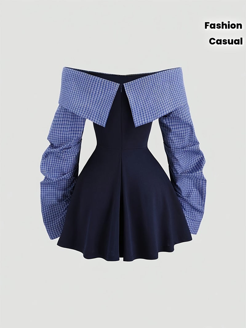 Women'S Spring And Autumn New Easy Color-Blocking One-Shoulder Lapel Design Waist-Cinching Daily Casual Fashion Commuting Large Skirt Covering Meat Long-Sleeved Dress - Image 2