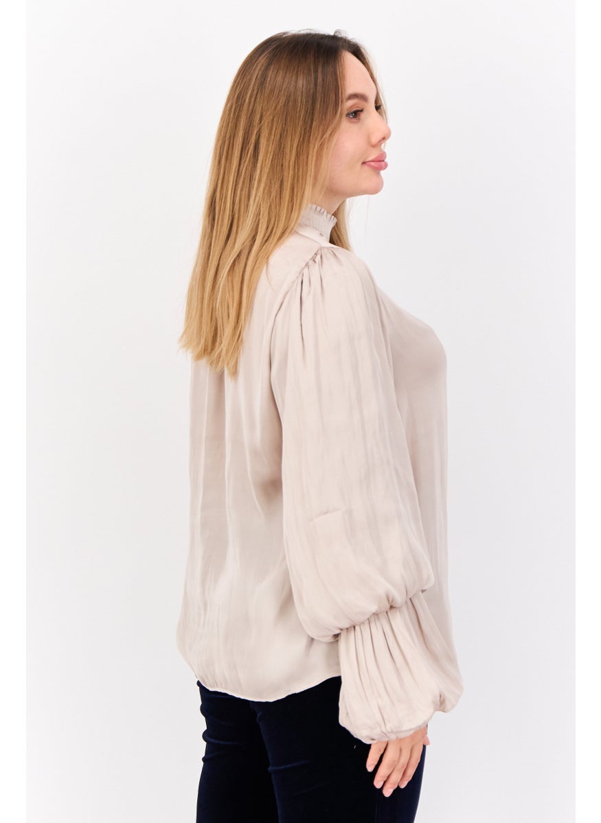 CARMEN MARC VALVO - Women High Neck Balloon Sleeves Plain Top, Light Tan - Image 1