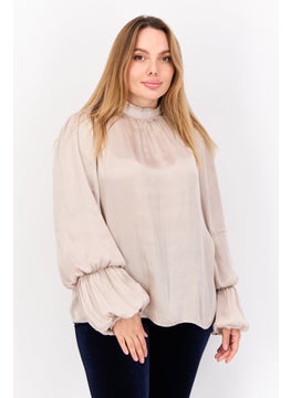 Women High Neck Balloon Sleeves Plain Top, Light Tan