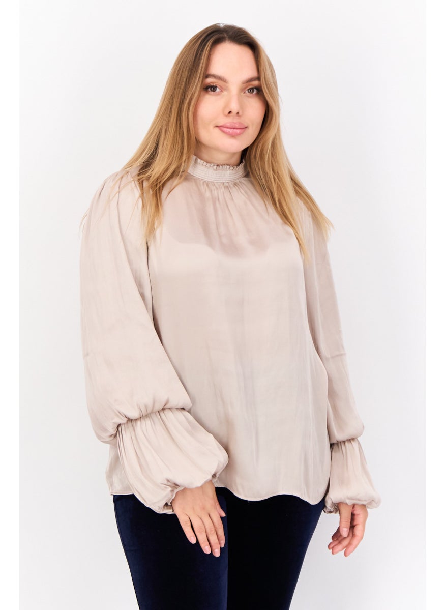 CARMEN MARC VALVO - Women High Neck Balloon Sleeves Plain Top, Light Tan - Image 1