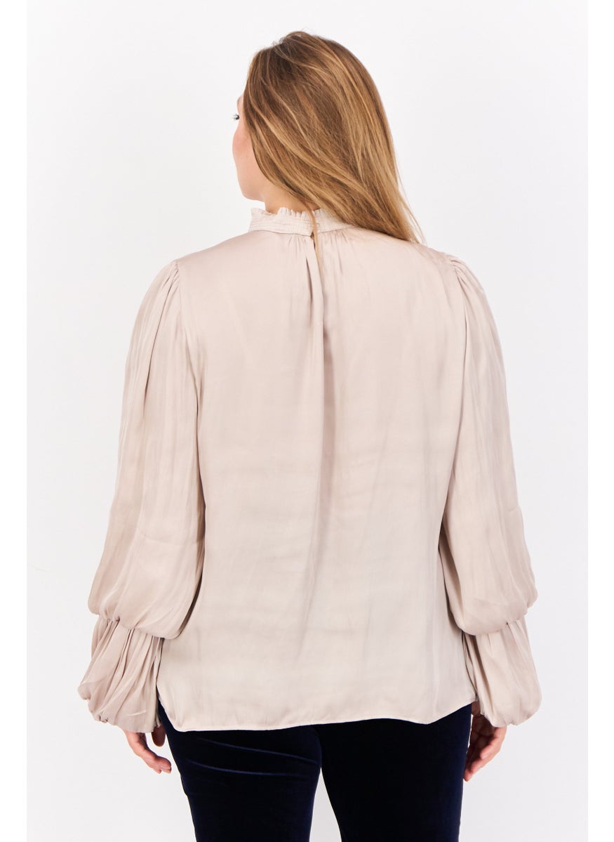 CARMEN MARC VALVO - Women High Neck Balloon Sleeves Plain Top, Light Tan - Image 1