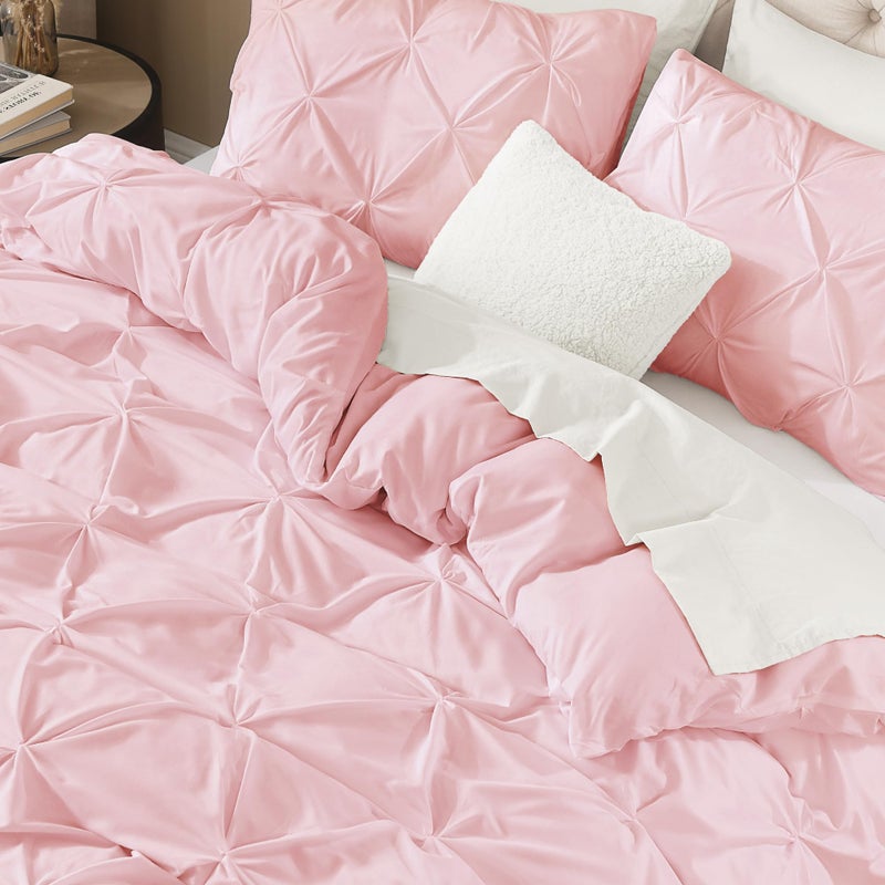 Litanika Pink Queen Pinch Pleat Duvet Cover, 3 Pieces Pintuck Cover Soft Microfiber Bedding Set with Zipper Closure & Corner Ties(90x90Inch-1 Duvet Cover, 2 Pillowcases) - Image 3