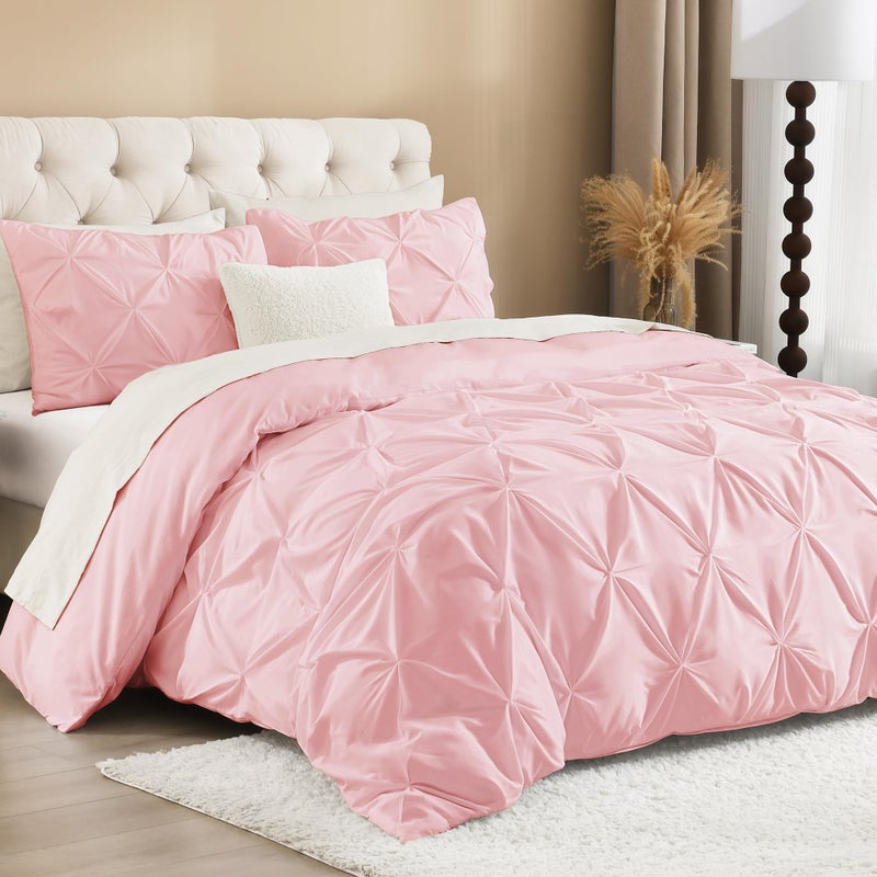 Litanika Pink Queen Pinch Pleat Duvet Cover, 3 Pieces Pintuck Cover Soft Microfiber Bedding Set with Zipper Closure & Corner Ties(90x90Inch-1 Duvet Cover, 2 Pillowcases) - Image 2