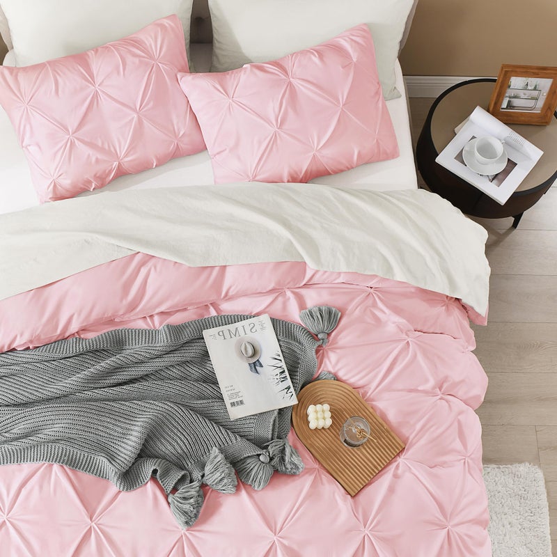 Litanika Pink Queen Pinch Pleat Duvet Cover, 3 Pieces Pintuck Cover Soft Microfiber Bedding Set with Zipper Closure & Corner Ties(90x90Inch-1 Duvet Cover, 2 Pillowcases) - Image 4